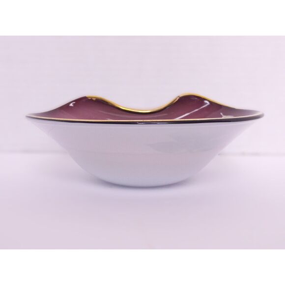 Bohemian Amethyst Purple w Gold Accent Hand Painted Folded Czech Art Glass Bowl - Picture 6 of 15